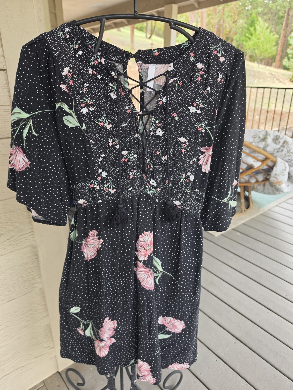 Black Floral Lace-Up Mini Dress with Tassels